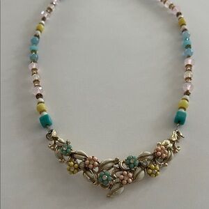 Vintage signed Coro gold tone art deco Turquoise & Pastel Floral Bead Necklace